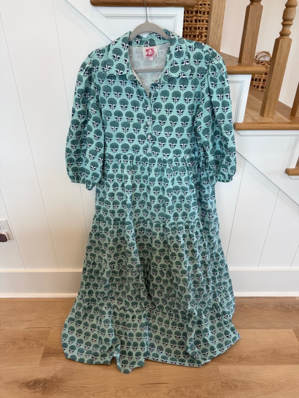 Victoria Dunn Mint Green Block Print Tiered Midi Dress Puff Sleeve Size L